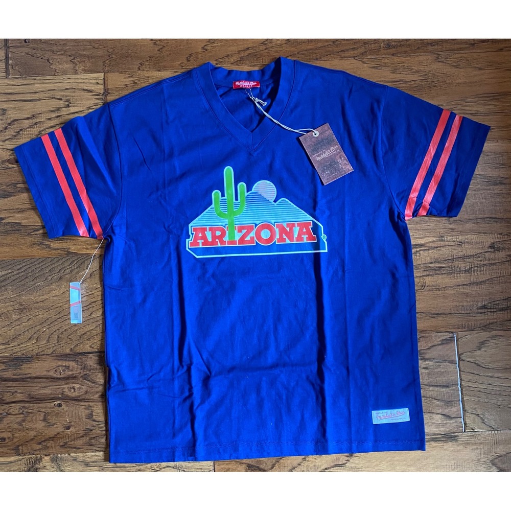 Mitchell & Ness Arizona Graphic T-Shirt Womens Medium Blue V-Neck Varsity Stripe